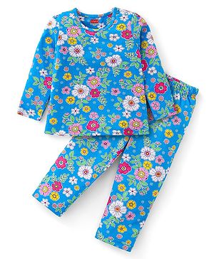 Babyhug Cotton Knit Full Sleeves Night Suit With Floral Print - Blue