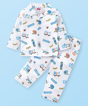 Babyhug Cotton Knit Full Sleeves Night Suit With Skate Print - White