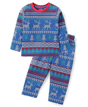 Babyhug Cotton Knit Full Sleeves Night Suit with Deer Print - Navy Blue
