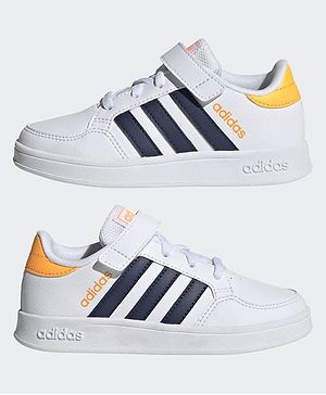 Adidas Kids Lace Up with Velcro Closure Sneaker -White & Navy Blue