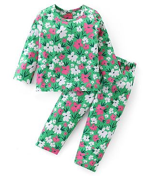 Babyhug Cotton Knit Full Sleeves Night Suit With Floral Print - Green