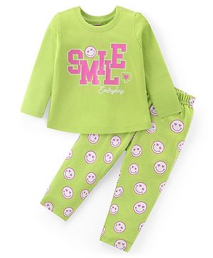 Babyhug Cotton Knit Full Sleeves Night Suit With Smiley Emoticons Print - Green