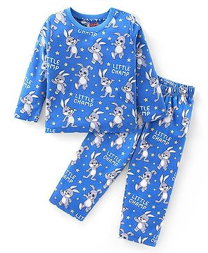 Babyhug Cotton Knit Full Sleeves Night Suit with Bunny Print - Blue
