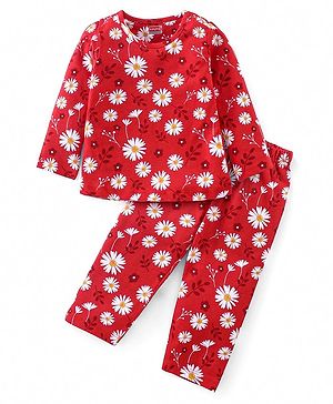 Babyhug Cotton Knit Full Sleeves Night Suit with Floral Print - Red