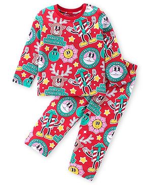 Babyhug Cotton Knit Full Sleeves Night Suit With Christmas Theme -Red