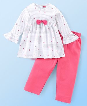 Babyhug Cotton Knit Full Sleeves Night Suit with Star Print & Bow Detailing - White & Pink