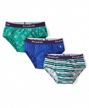 Pine Kids Cotton Spandex Knit Briefs With Stripes & Satellite Print Pack of 3 (Color & Print May Vary)