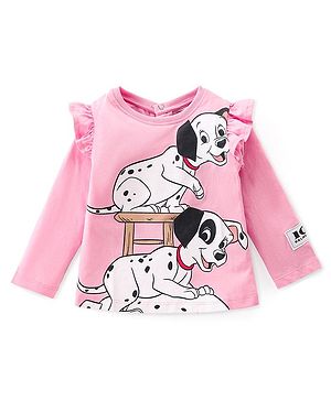 Babyhug Disney Single Jersey Full Sleeve Top with 101 Dalmatians Print & Frill Detailing  - Pink