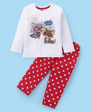 Babyhug Cotton Knit Full Sleeves Night Suit With Super Animals Print - White & Red