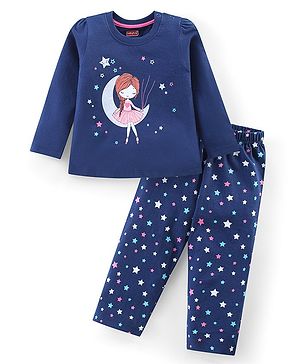 Babyhug Cotton Knit Full Sleeves Night Suit With Doll & Stars Print - Navy