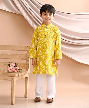 Kinder Kids Full Sleeves Ethnic Motif  Designed Kurta Pyjama - Yellow