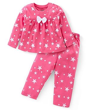 Babyhug Cotton Knit Full Sleeves Night Suit with Star Print & Bow Detailing - Pink