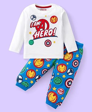 Babyhug Marvel Single Jersey Knit Full Sleeves Night Suit With Avengers Graphics - White & Blue