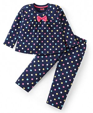 Babyhug Cotton Knit Full Sleeves Night Suit with Bow Applique & Polka Dots Print - Navy Blue
