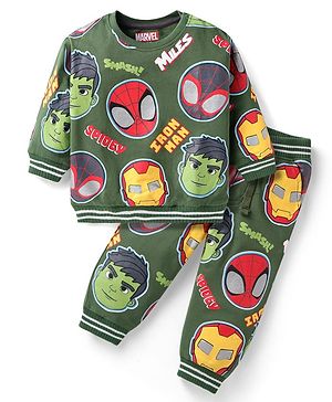 Babyhug Marvel Terry Knit Full Sleeves T-Shirt & Lounge Pant Set With Spidey & Friends Graphics - Green