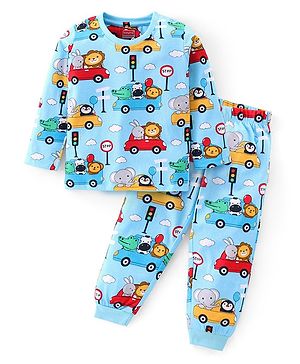 Babyhug Cotton Knit Full Sleeves Night Suit with Vehicle & Animal Print - Blue