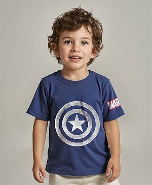 Babyhug Marvel Single Jersey Knit Half  Sleeves T-Shirt with Captain America Print - Blue