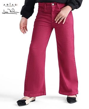 Arias Cotton Elastane Full Length Stretchable Flared Washed Denim Jeans - Maroon