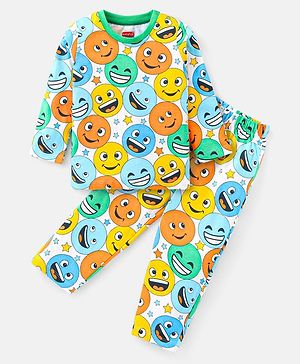 Babyhug Cotton Knit Full Sleeves Night Suit With Smiley Print - Multicolor