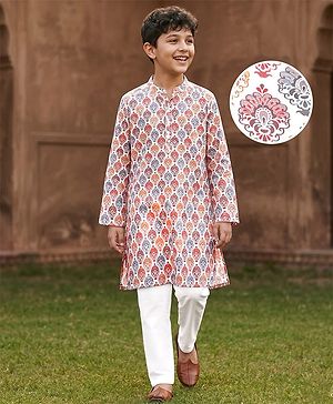 Pine Kids Woven Full Sleeves Kurta Pyjama Set With Mandala Print -White