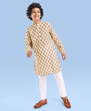 Pine Kids Woven Full Sleeves Kurta Pyjama Set With Mandala Print -White
