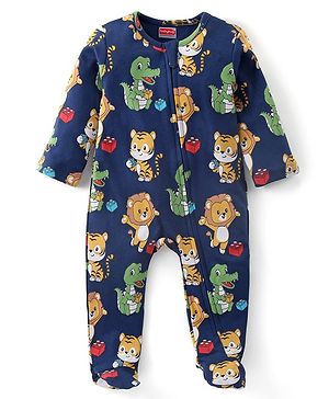 Babyhug Cotton Full Sleeves Front Open Sleepsuit With Animals Print - Multicolor