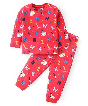 Babyhug Cotton Knit Full Sleeves Night Suit With Alphabets & Numbers Print - Red