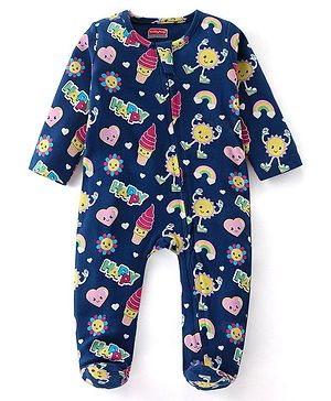 Babyhug Cotton Knit Full Sleeves Sleepsuit With Doodles Print - Navy