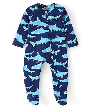 Babyhug Cotton Knit Full Sleeves Footed Sleep Suit With Sharks Print - Navy Blue