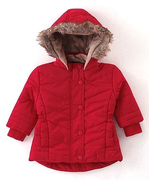 Babyhug Woven Full Sleeves Solid Colour Padded Hooded Winter Jacket with Pockets - Red