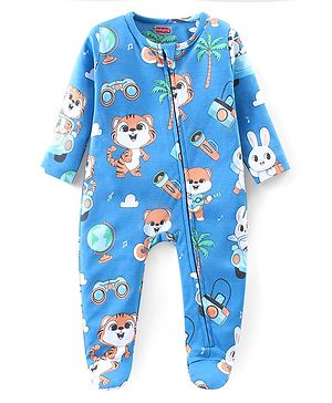 Babyhug Cotton Knit Full Sleeves Sleep Suit With Cute Animals Print - Blue