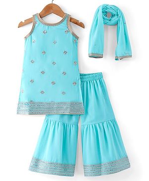 Babyhug Georgett Woven Sleeveless Sequined Embroidered Kurta Gharara Set with Dupatta  & Lace Detailing - Light Blue