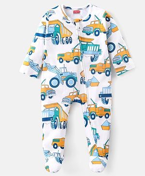 Babyhug Cotton Knit Full Sleeves Footed Sleepsuit with Vehicle Print- White