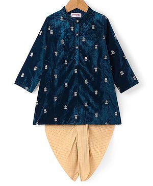 Babyhug Woven Full Sleeves Sequined Floral Embroidered Velvet  Kurta & Dhoti Set - Navy Blue
