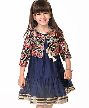 Babyhug Woven Solid Dress With Three Fourth Sleeves Embroidered Jacket & Tassle Detailing - Navy Blue