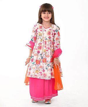 Babyhug Cotton Woven Three Fourth Sleeves Floral Printed Kurta & Palazzo Set with Dupatta - Off White