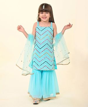 Babyhug Woven Singlet Sleeves Mirror Embroidered Kurti Gharara Set with Dupatta - Aqua