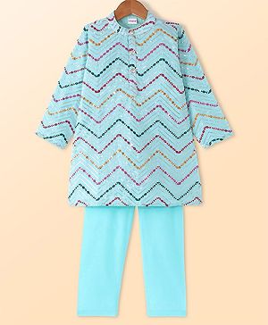 Babyhug Woven Full Sleeves Mirror Embroidered Kurta Pyjama Set with Sequins - Aqua