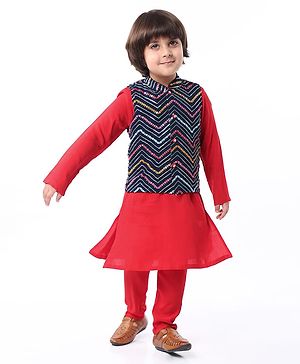 Babyhug Woven Full Sleeves Solid Colour Kurta Pyajama Set with Mirror & Sequined Embroidered Nehru Jacket - Red
