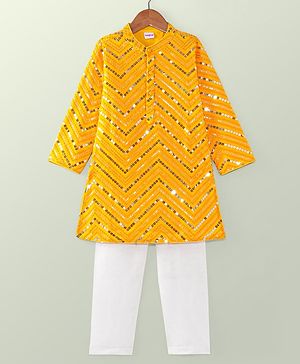 Babyhug Woven Full Sleeves Sequined Embroidered Kurta & Pyjama Set - Yellow