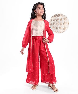 Pine Kids Woven Georgette Foil Printed Top and Pallazzo with Full Sleeve Shrug - Red