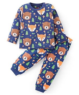 Babyhug Cotton Knit Full Sleeves Night Suit With Animals Print - Navy