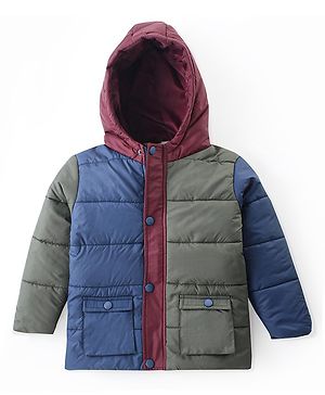 Bonfino Woven Full Sleeves Hooded Puffer Color Block Jackets With Pockets - Green Blue & Red