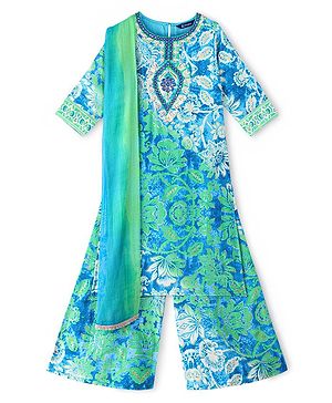 Pine Kids Three Fourth Sleeves Floral Printed Kurta with Mirror Embroidery  & Palazzo Set with Dupatta - Teal Blue