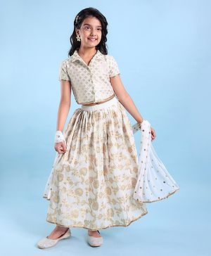 Pine Kids Woven Brocade Half Sleeves Collar Neck Choli with Lehenga & Dupatta - White