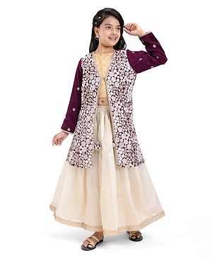 Pine Kids Sequined Floral Embroidered Choli Lehenga Set with Full Sleeves  Jacket - Purple