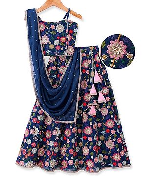Pine Kids Woven Sleeveless Floral Sequin Embroidered Choli Lehenga & Dupatta Set with Tassle Detailing - Navy Blue