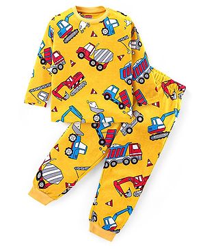 Babyhug Cotton Knit Full Sleeves Night Suit With Construction Vehicles Print - Yellow
