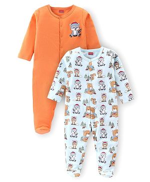Babyhug Cotton Knit Full Sleeves Sleep Suits With Animal Print Pack Of 2 - Orange & Blue