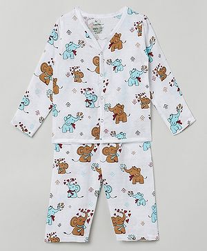 The Boo Boo Club  100% Organic Cotton Woven Full Sleeves Elephants  Printed Night Suit -  White